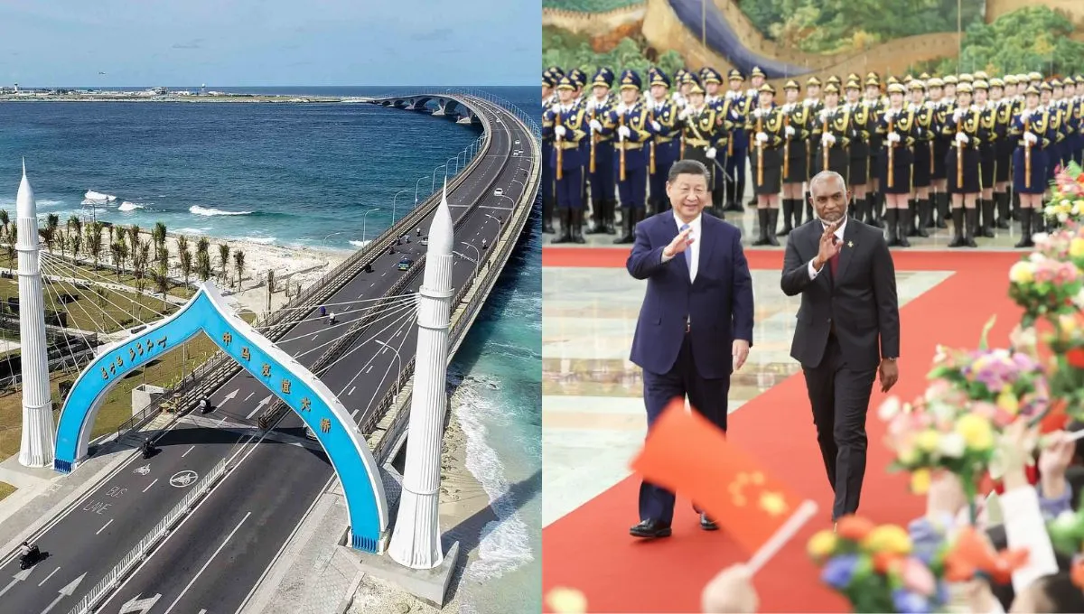 Sinamale' bridge (left) and China president Xi Jinping and President Dr Muizzu (left)