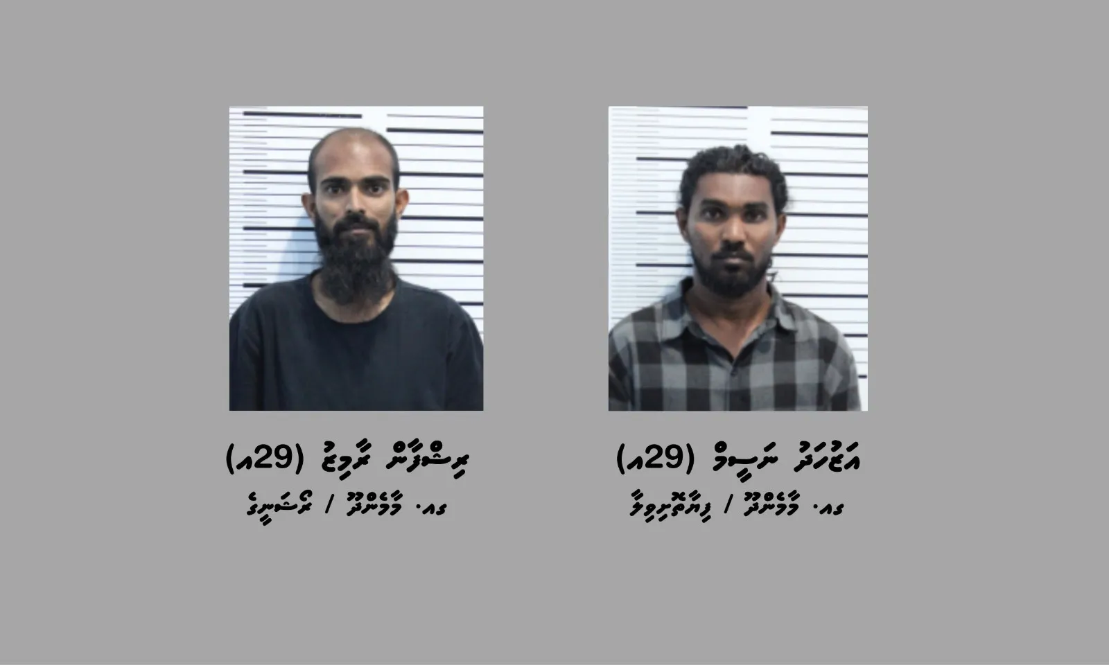 29-year-old Azhadh Naseem of Fiyaathoshivilla, GA. Maamendhoo (Right) and 29-year-old Rishfan Ramiz of Roashaneege, GA. Maamendhoo (Left) (Photo/Maldives Police)