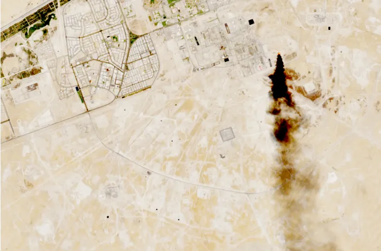 A satellite image showing smoke rising from an oil facility in Abqaiq, in Saudi Arabia’s Eastern Province (Photo/Copernicus Sentinel-2/Reuters)
