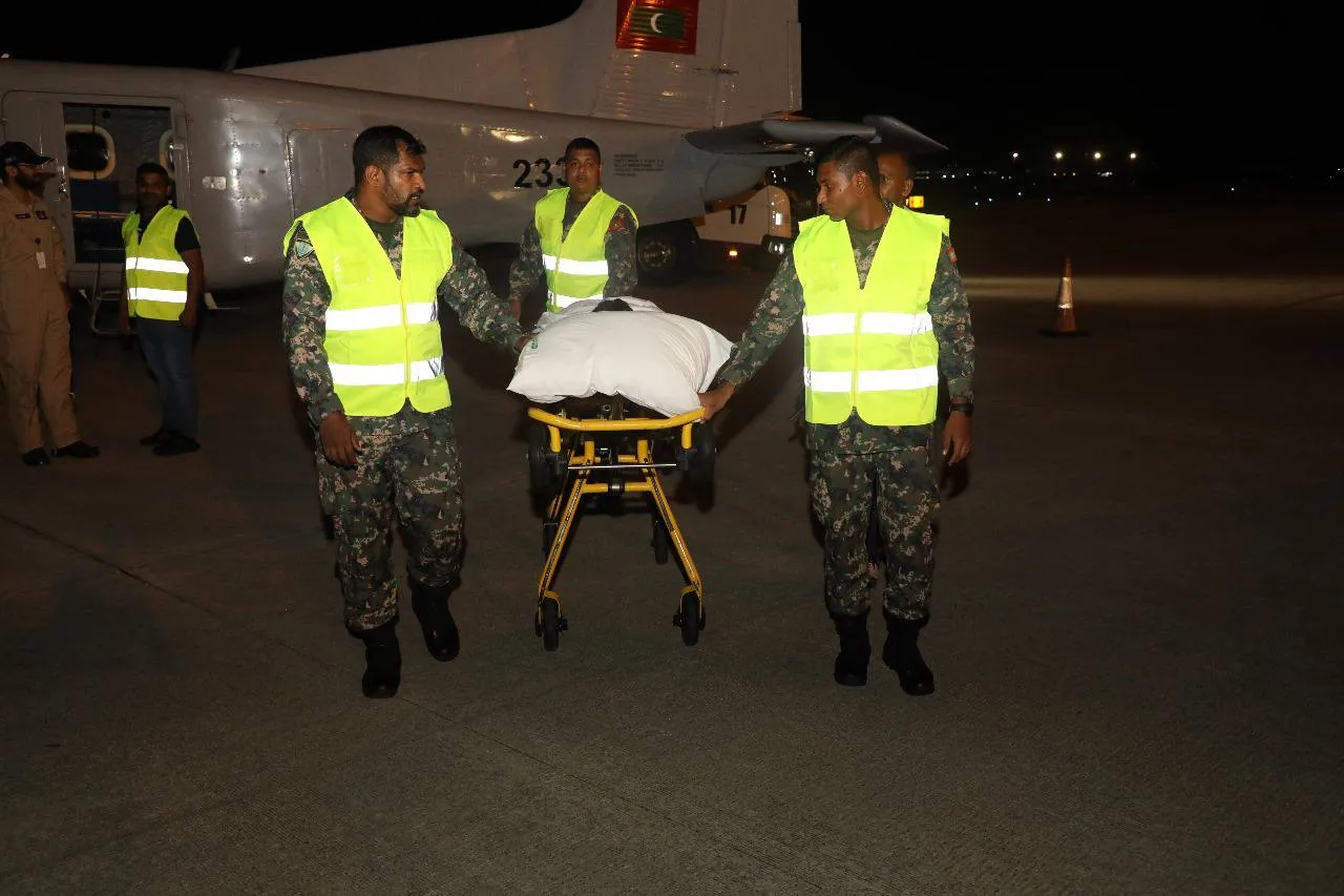 MNDF Air Corps carrying a patient transferred in Dornier Aircraft last night (Photo/MNDF)