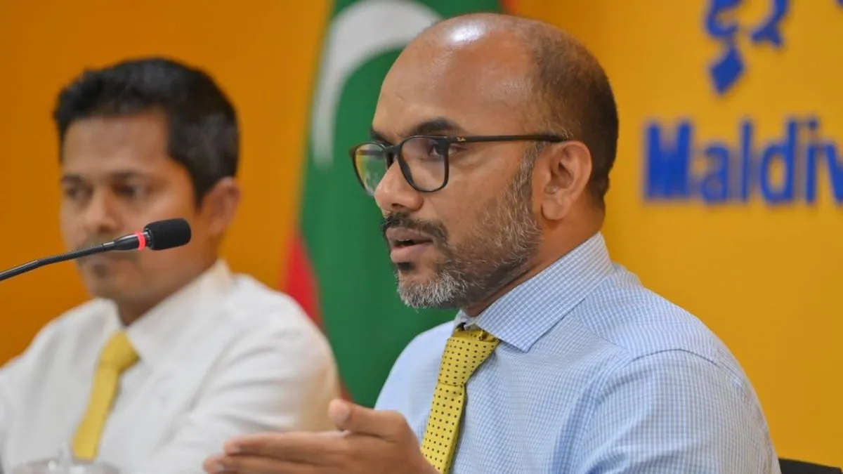 Former Finance Minister Ibrahim Ameer speaking at the press conference held by MDP today (Photo/MDP)