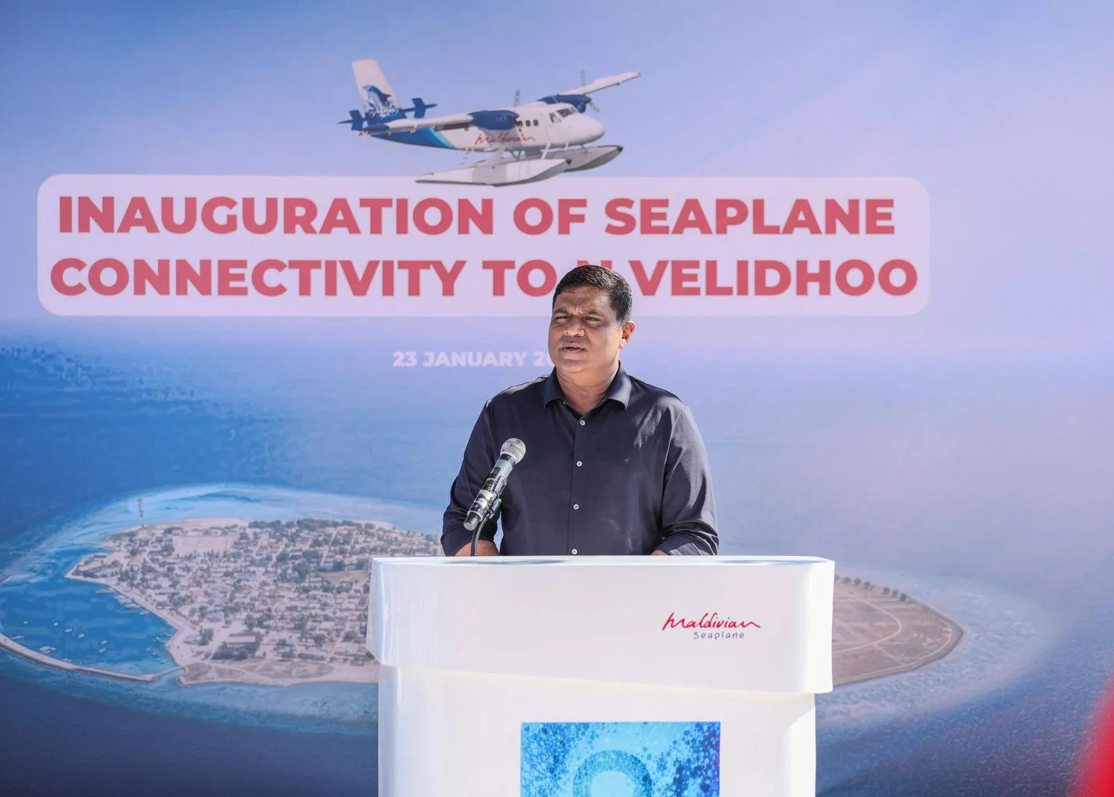 Minister Ameen speaking at the inauguration of seaplane services to Velidhoo (Photo/Ministry of Transport and Civil Aviation)