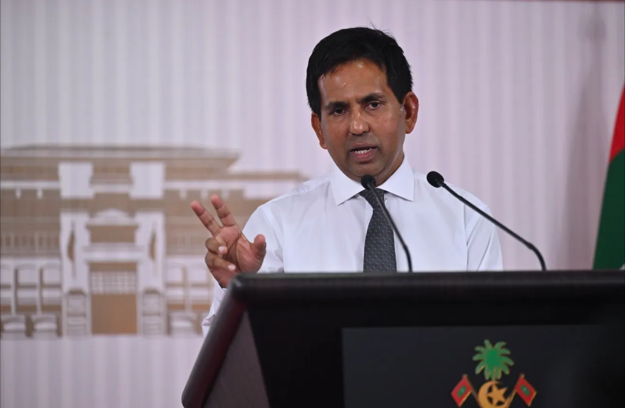 Economic Minister Mohamed Saeed speaking at a press conference held at the President’s Office (Photo/President's Office)