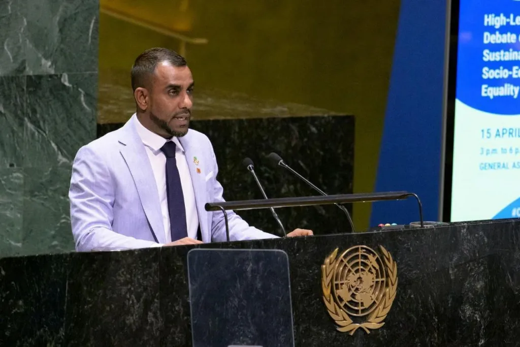 Tourism Minister Ibrahim Faisal speaking at UN debate (Photo/ Maldives Mission NY)