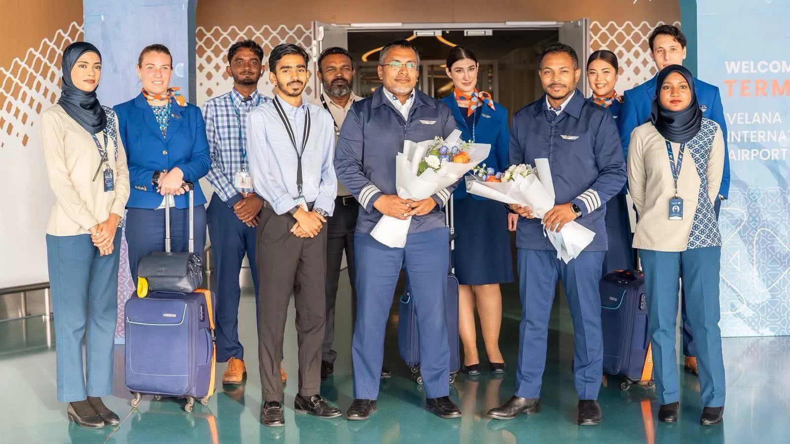 Captain Jinan Shareef and First Officer Mohamed Shinaz with other crew members at VIA (Photo/AviatorsMaldives)