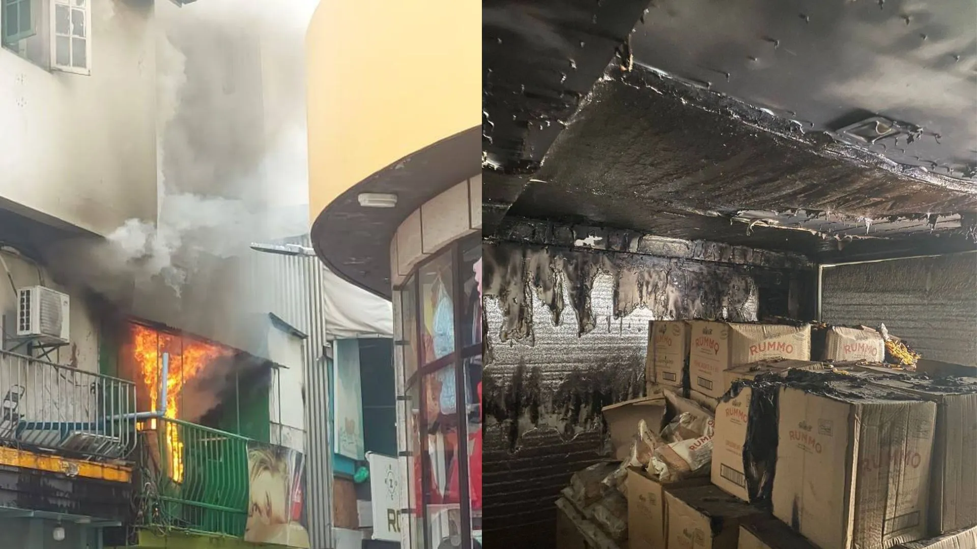 Photo showing the cafe’ that caught on fire (left) and inside of the building which has been burned beyond use (right) (Photo/Voice)