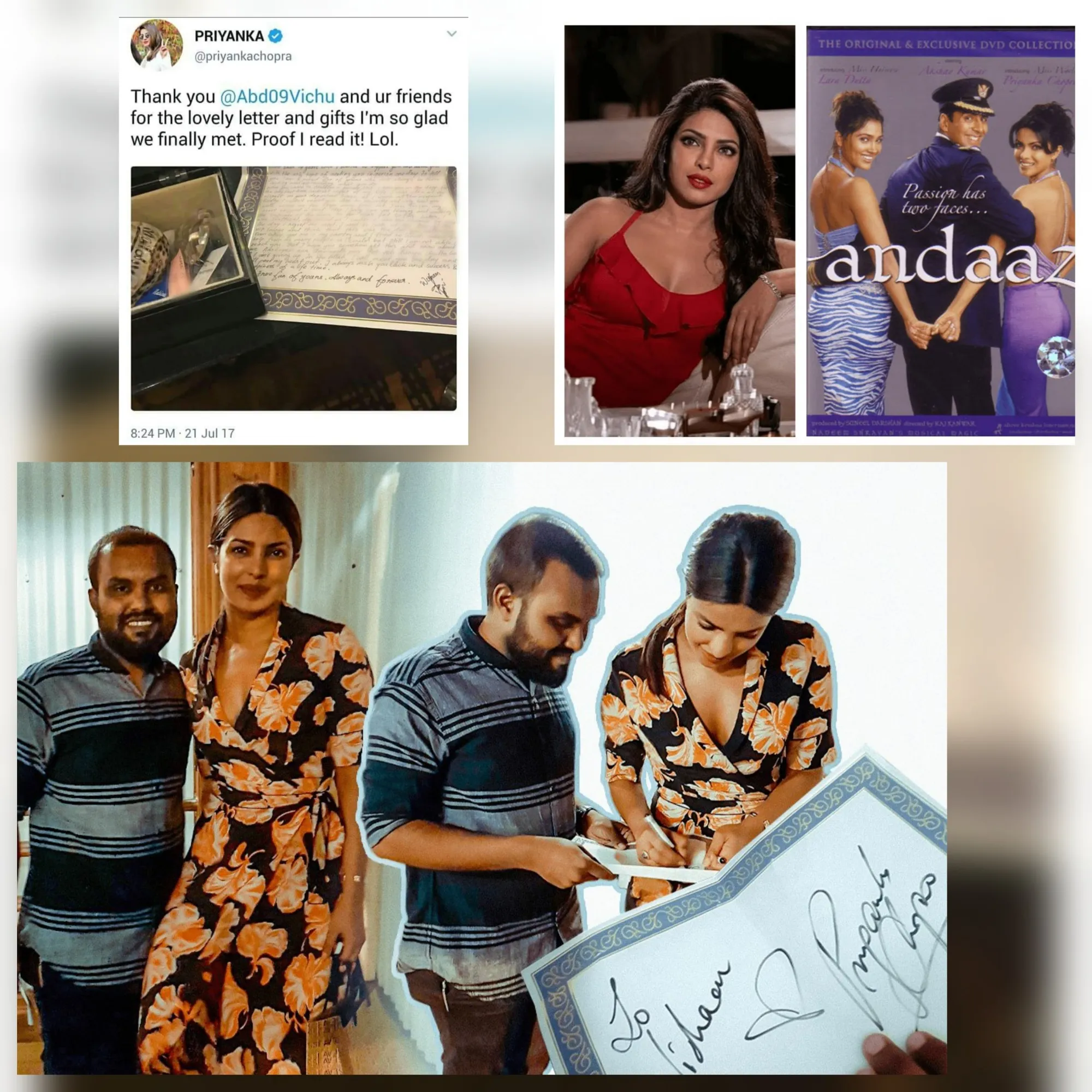 އަންދާޒް (2003) ގެ ޕޯސްޓަރ، އަދި 2017 ވަނަ އަހަރު ޕްރިޔަންކާއާ ދިމާވި ދުވަހުގެ ފޮޓޯއާއި އޭނައަށް ދިން ހަދިޔާ ބަލައި ސިޓީ ކިޔުމަށްފަހު އަޅުގަނޑު ޓެގްކޮށްފައި ކުރި ޓުވީޓް.