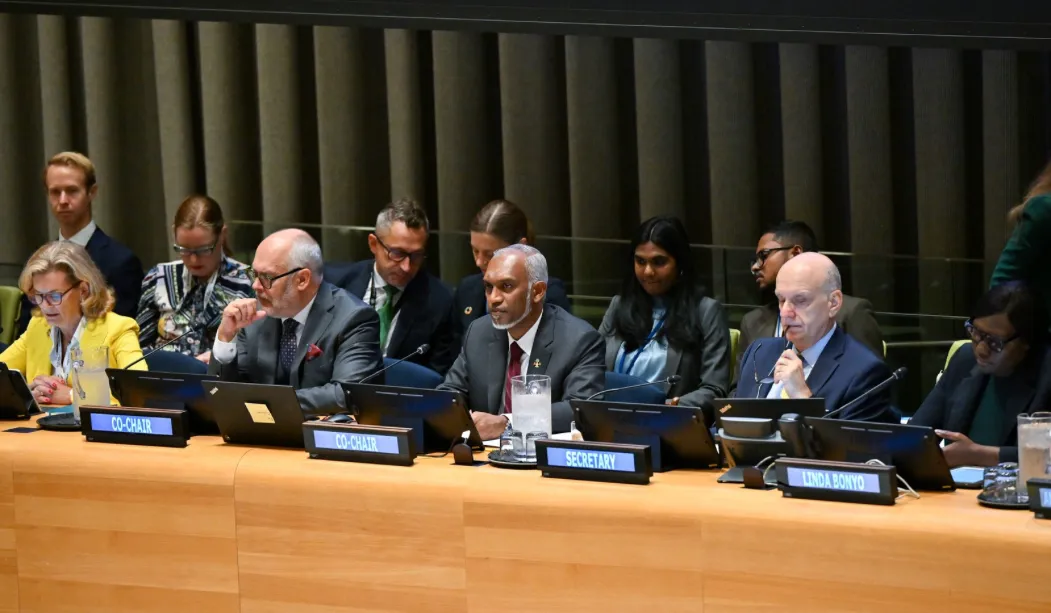 President Dr. Muizzu giving his address ad Co-Chair at the UN Summit of the Future's Interactive Dialogue 3: Towards a Common Digital Future. (Photo/President’s Office)