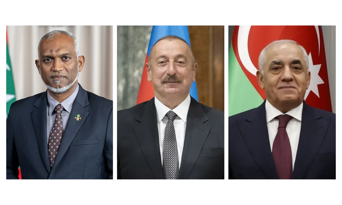 President Dr Mohamed Muizzu (Left),  Azerbaijani President Ilham Heydar oglu Aliyev (middle) and Prime Minister Ali Hidayat oghlu Asadov (right)
