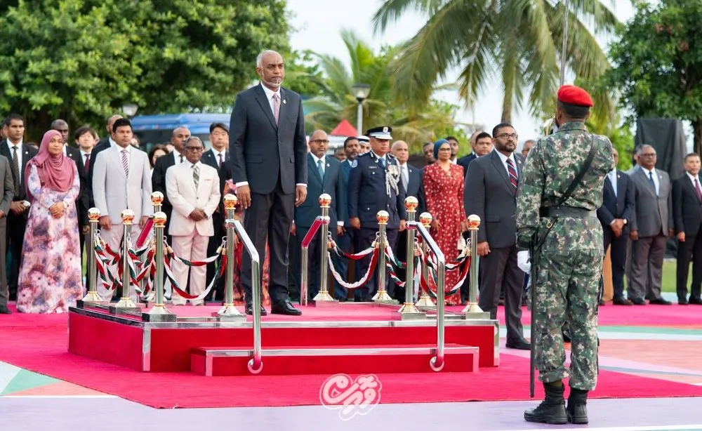 President Dr. Mohamed Muizzu at flag-hoisting ceremony this morning (Photo/Voice)