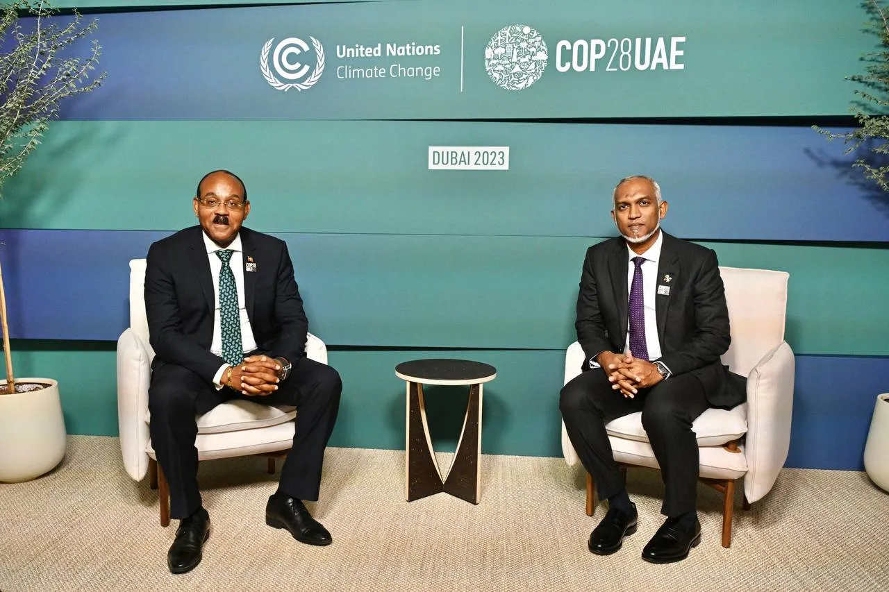 President Dr Muizzu in a meeting with Prime Minister of Antigua and Barbuda on the sidelines of COP28 (Photo/ President's Office)