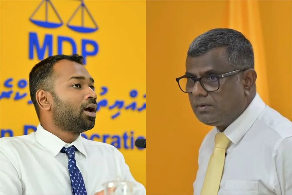 Meekail Ahmed Naseem, candidate for MDP Chairperson (L) and  MDP Deputy Chairperson, Ibrahim Waheed (R)