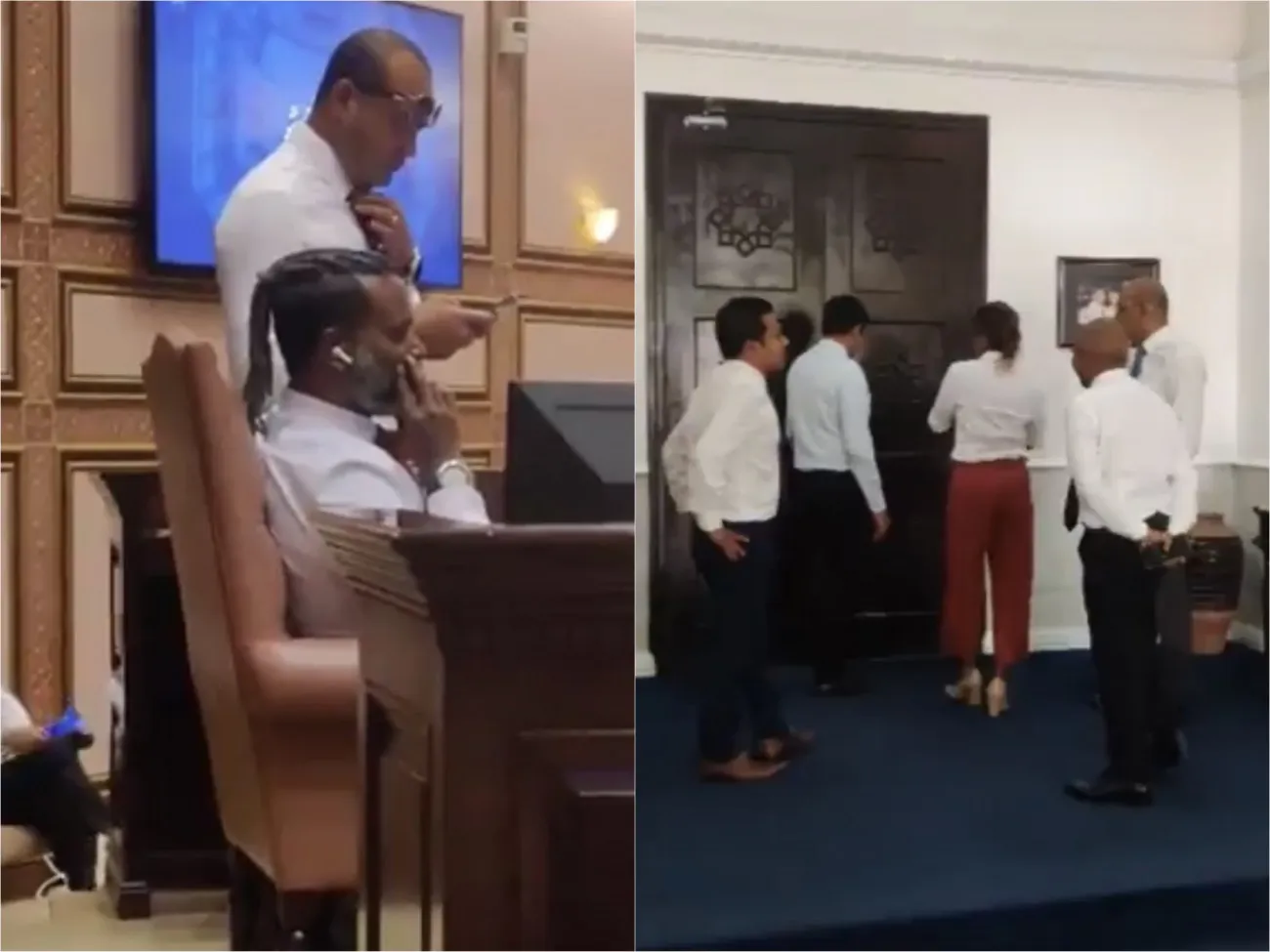 މަޖިލިސް ދޮރުތައް އެތެރެއިން ތަޅުލައި، ސަރުކާރުގެ މެންބަރުން ތަޅުމުގައި އިހްތިޖާޖު ކުރަނީ