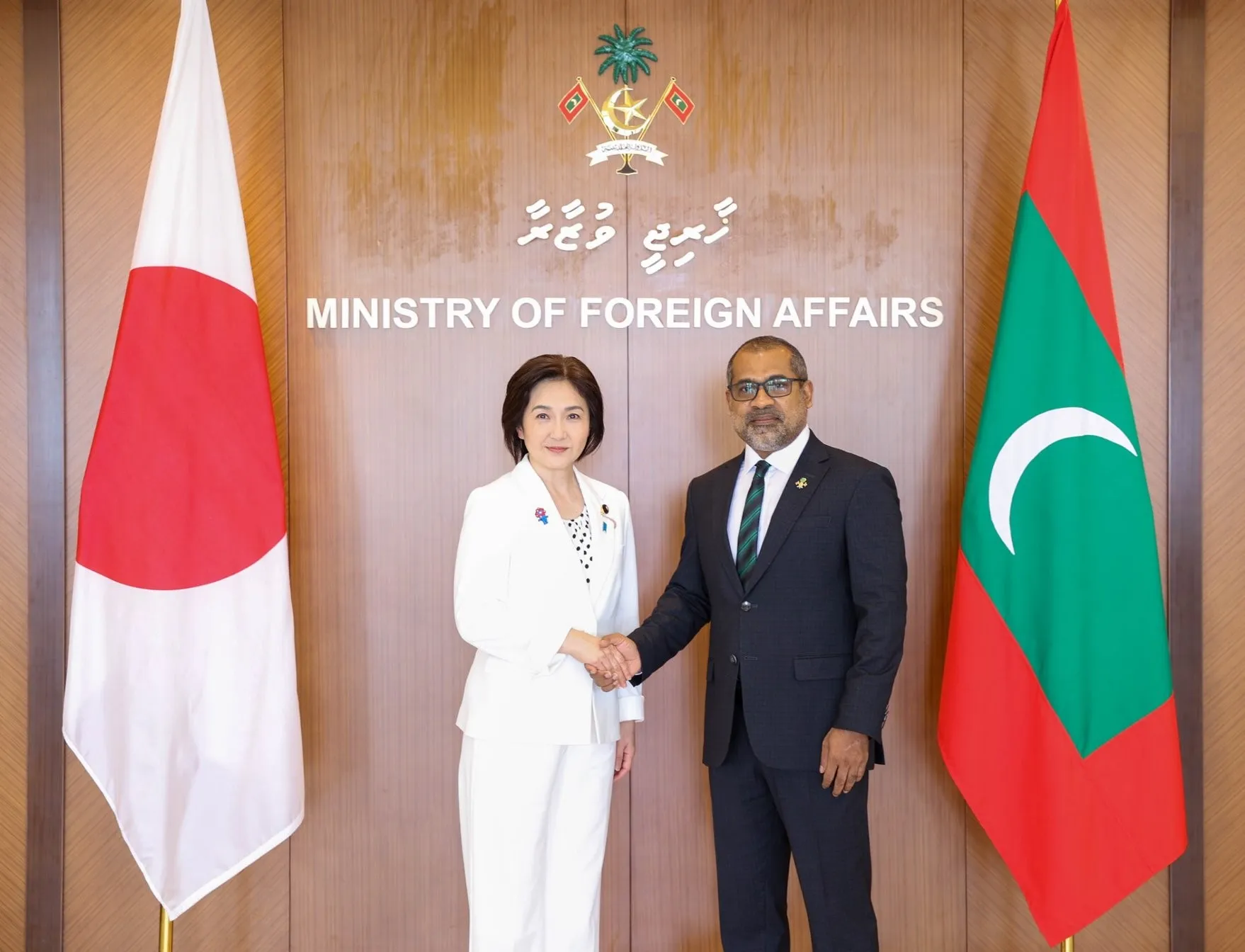 Special Envoy of the Prime Minister of Japan and Parliamentary Vice-Minister for Foreign Affairs, Ikuina Akiko and Minister of Foreign Affairs Dr. Abdulla Khaleel (Photo/Foreign Minister via X)