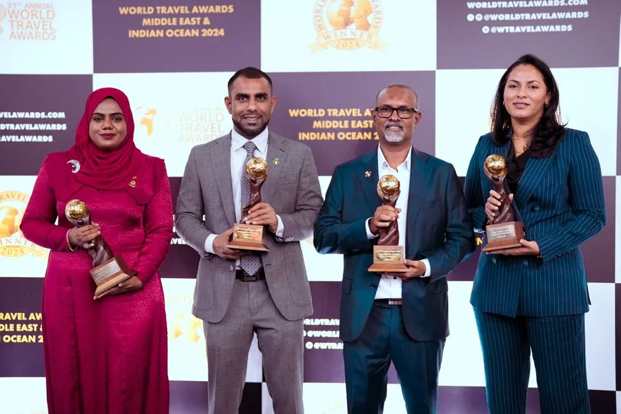 Managing Director of the Maldives Marketing and Public Relations Corporation (MMPRC), Fathimath Thaufeeq (far left), followed by Minister of Tourism Ibrahim Faisal, Advisor to the President on Tourism Development Mohamed Khaleel, and Chairperson of the MMPRC Board Ayesha Nurain Janah during today's event (Photo/Visit Maldives)