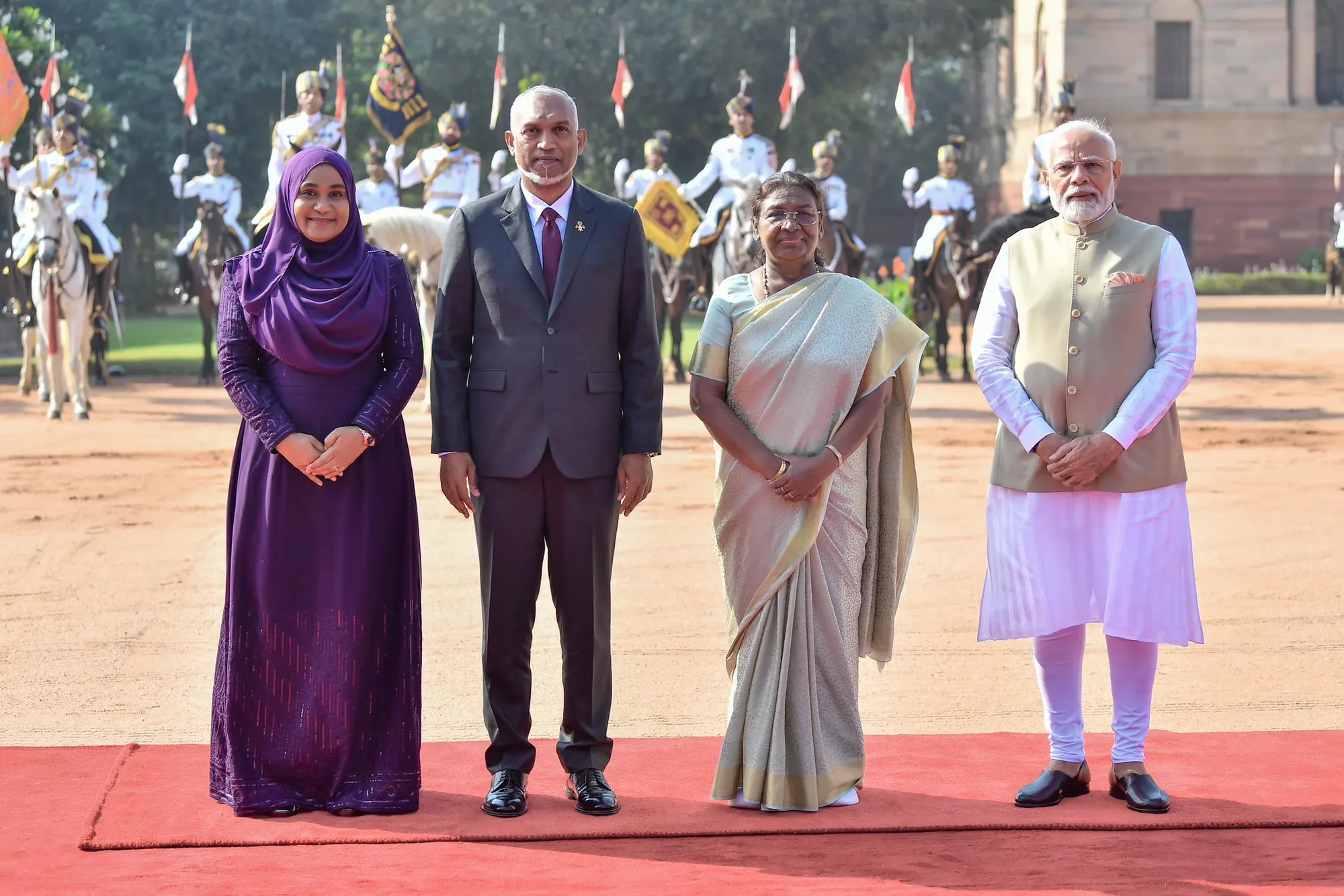 President Dr. Muizzu, First Lady Sajidha Mohamed and India’s President Droupadi Murmu and PM Narendra Modi (Photo/President’s Office)