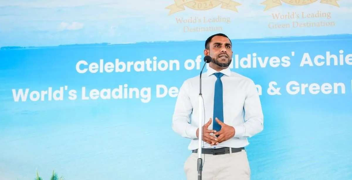 Tourism Minister Faisal at a ceremony celebrating Maldives' achievement at the World Travel Awards (Photo/ Tourism Ministry)