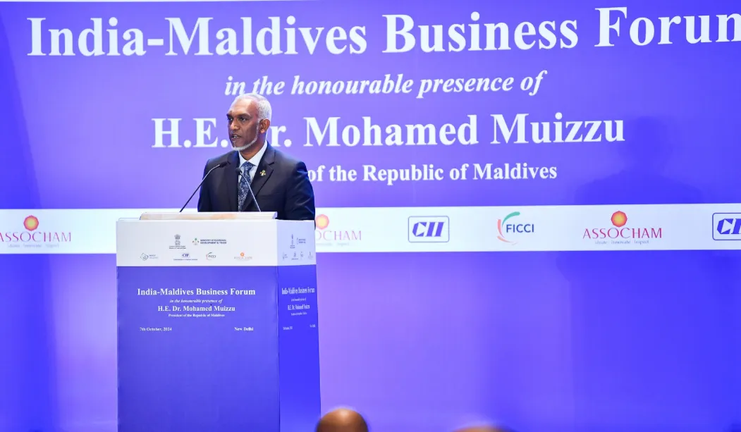 President Dr. Muizzu giving his address at India-Maldives Business Forum (Photo/President’s Office)