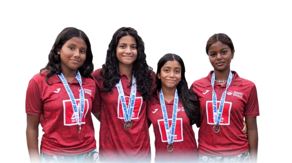 Maldives junior women's swimming team, Amna Thazkiya Mirsaad, Zoha Azlee Naseem, Malaika Linda Imran, and Zaha Zaidul Khaleel